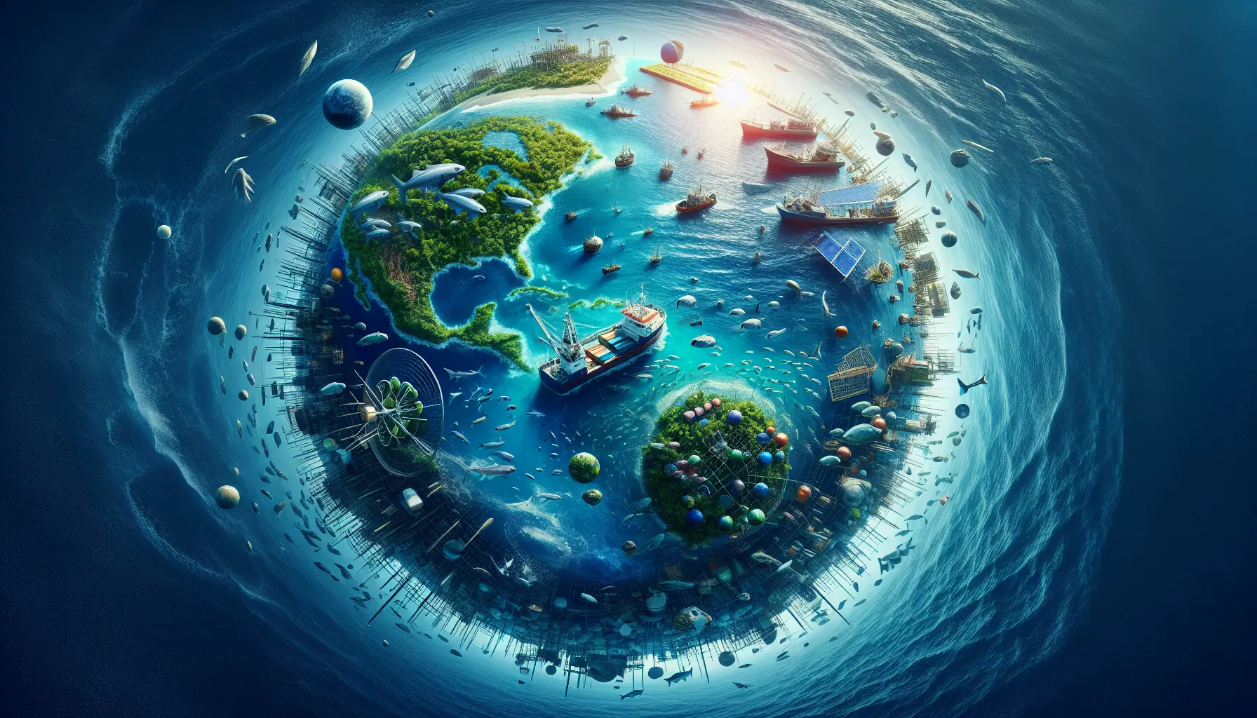 Un'immagine che rappresenta l'economia blu, con un mare cristallino e attività di pesca sostenibile in primo piano.