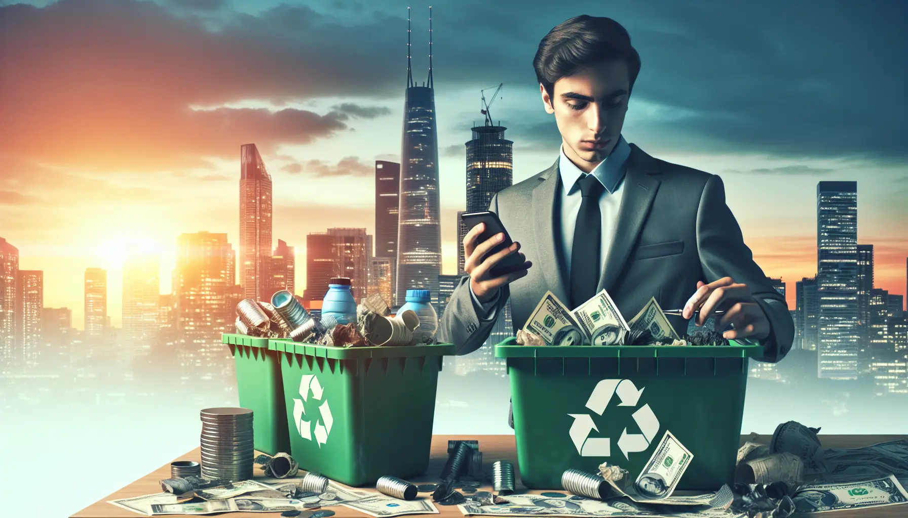 Un'immagine che rappresenta il concetto di economia circolare e riciclo, con materiali riciclati e prodotti sostenibili.