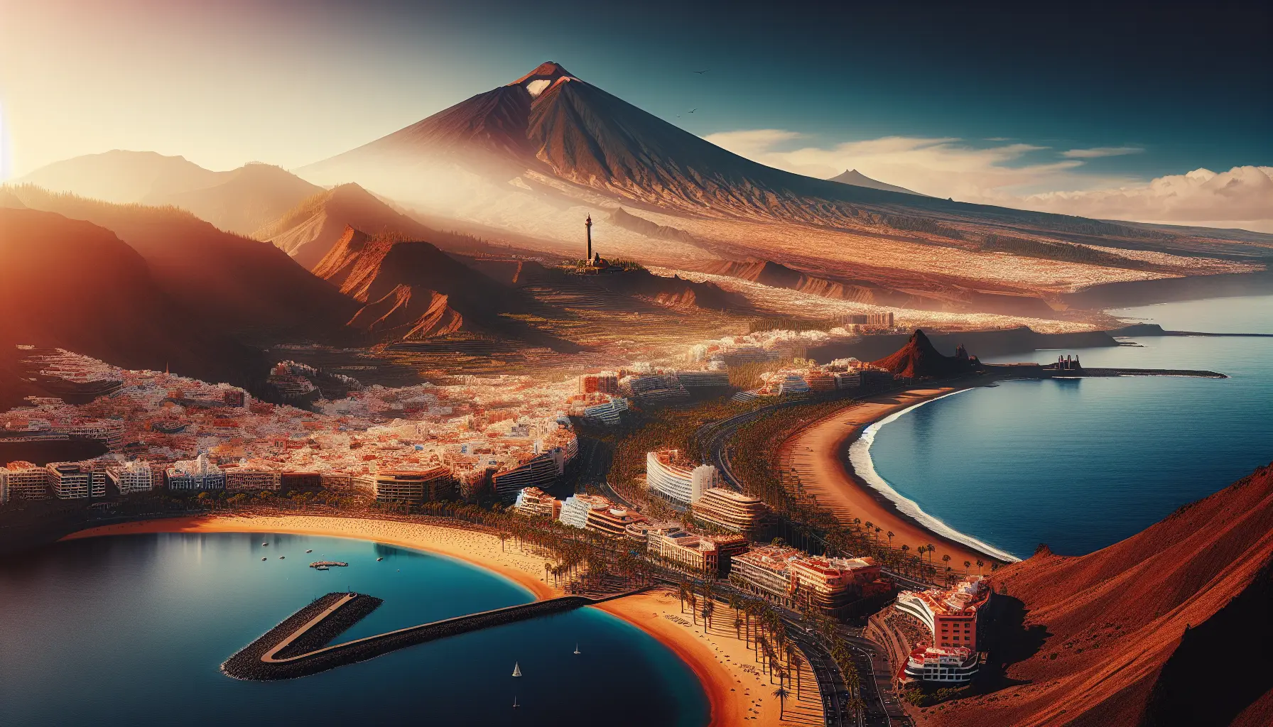 Vista panoramica del monte Teide con il cielo blu e le nuvole bianche in lontananza, circondato da un paesaggio vulcanico.