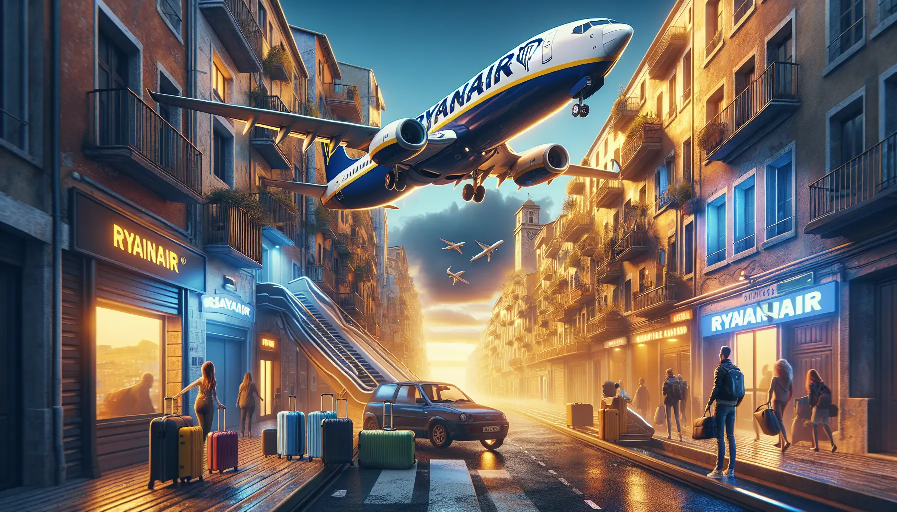 Aereo Ryanair in volo sopra un paesaggio europeo