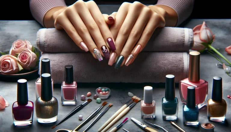 Un'immagine colorata che mostra diversi smalti per unghie disposti artisticamente su una superficie chiara.