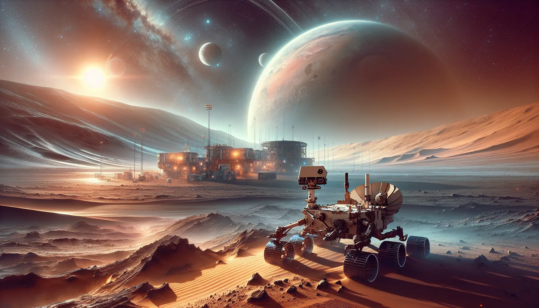 Rover Curiosity su Marte, un laboratorio scientifico mobile che esplora la superficie del pianeta rosso.