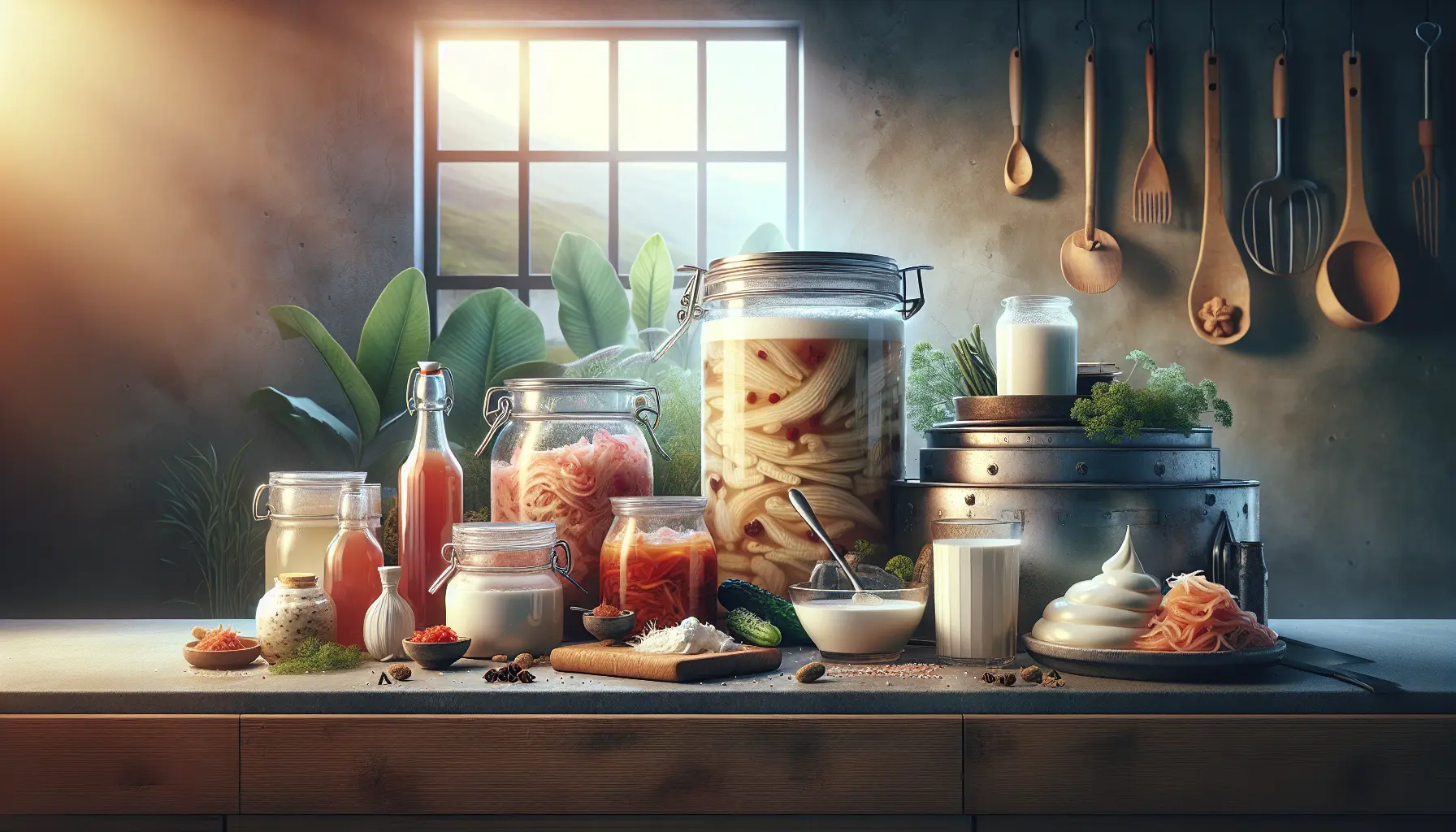 Barattolo di kimchi e yogurt fatto in casa su un tavolo di legno