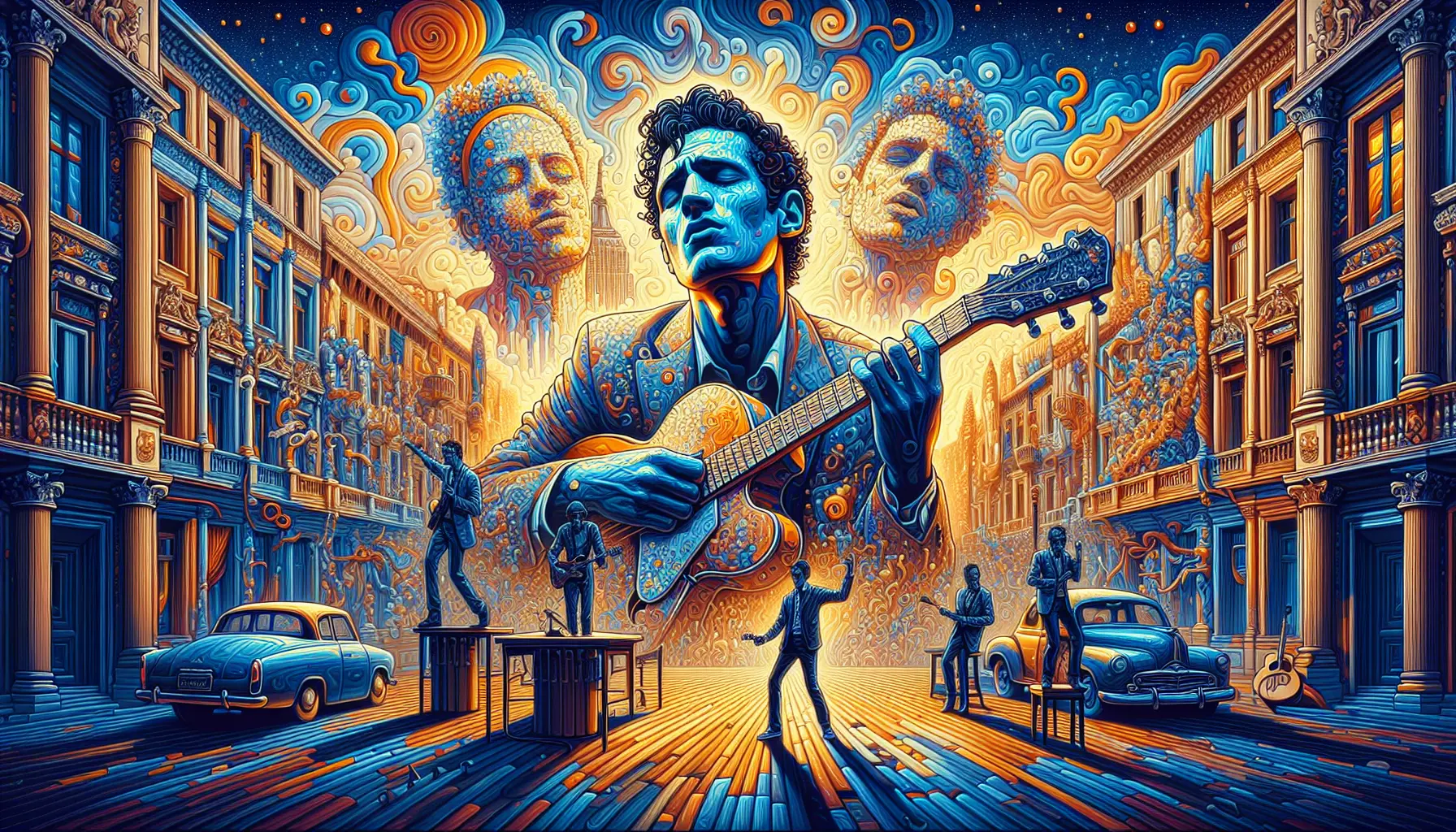 Ritratto di Fabrizio De André mentre suona la chitarra, simbolo della musica italiana e della cultura cantautorale.