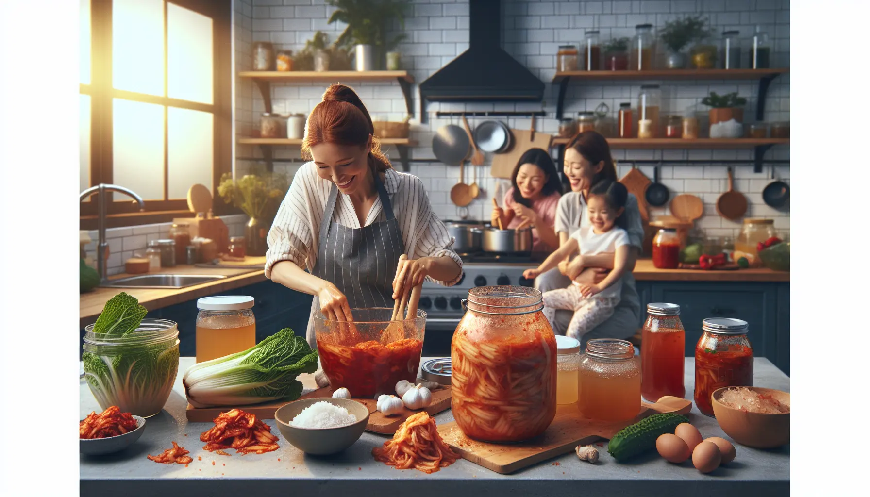 Barattolo di kimchi e bottiglia di kombucha in un ambiente domestico accogliente