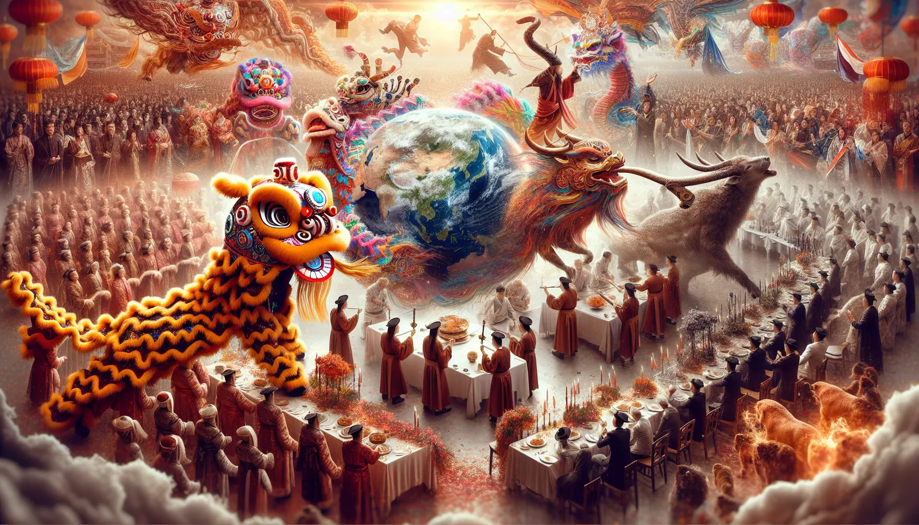 Un collage di immagini che rappresentano le celebrazioni del nuovo anno in diverse culture del mondo, tra cui fuochi d'artificio, tavole festive, e danze tradizionali.