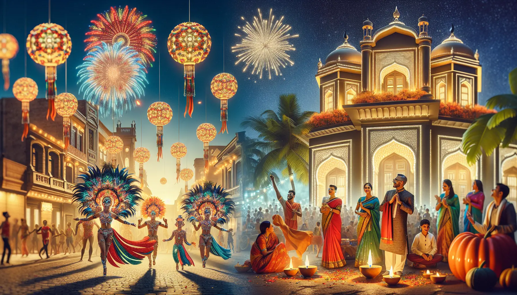 Un gruppo di persone che festeggia durante un festival culturale, indossando costumi tradizionali e ballando insieme.