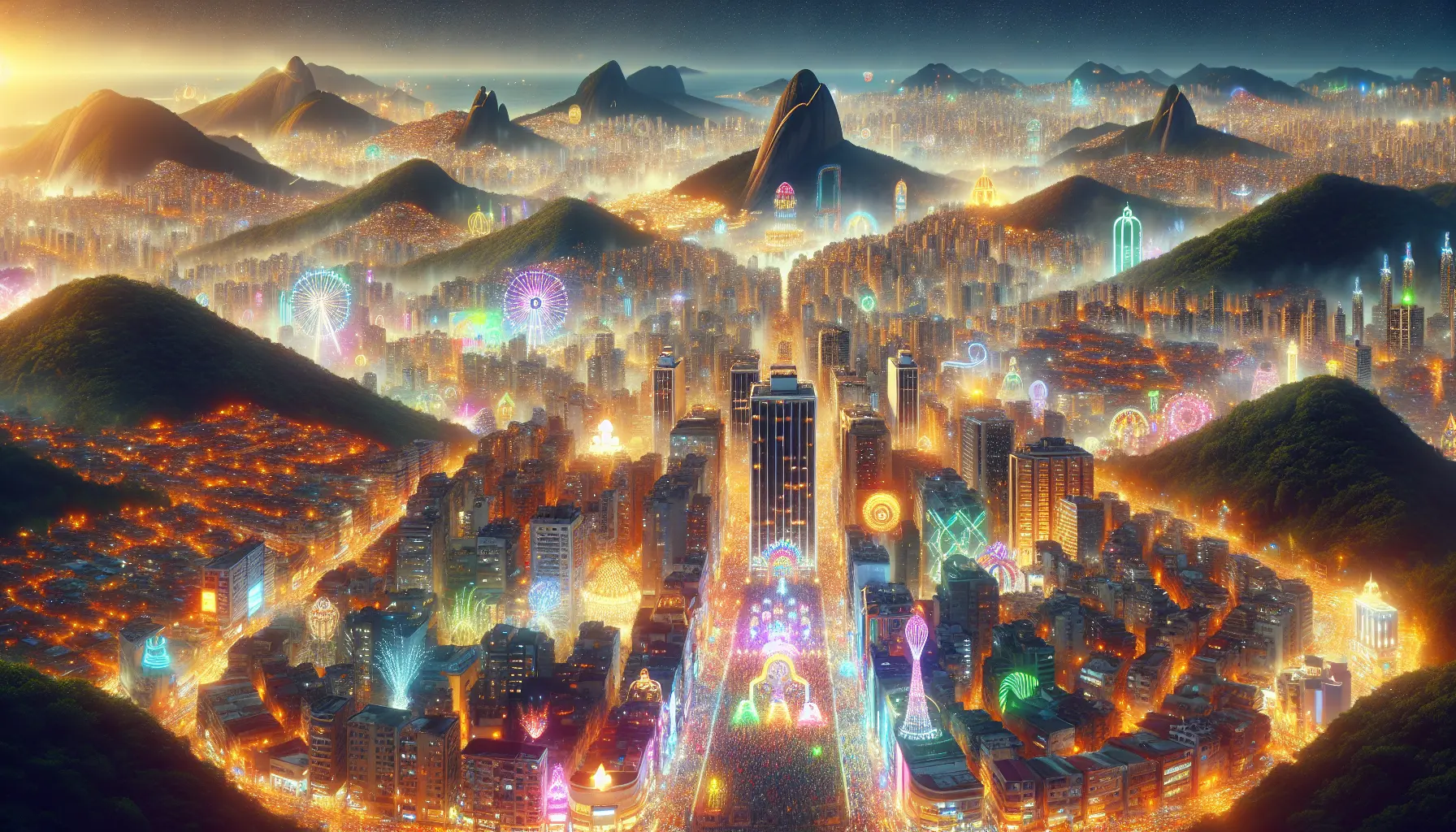 Una folla festante durante un festival culturale, con colori vivaci e danze tradizionali.