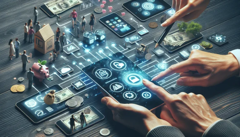 Un'immagine che rappresenta l'uso di app di gestione finanziaria su smartphone, con grafici e statistiche sullo sfondo.