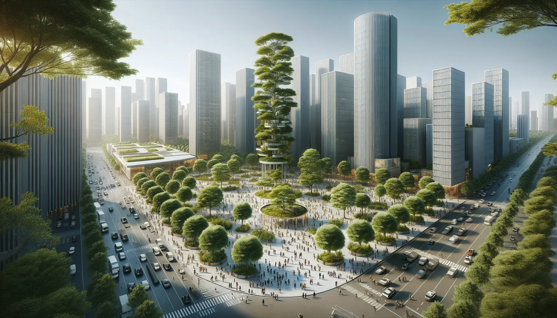 Una foresta urbana con alberi rigogliosi e persone che passeggiano in un parco cittadino.