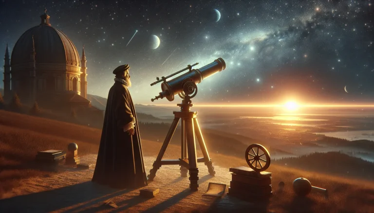 Rappresentazione di Galileo Galilei mentre osserva il cielo con un telescopio