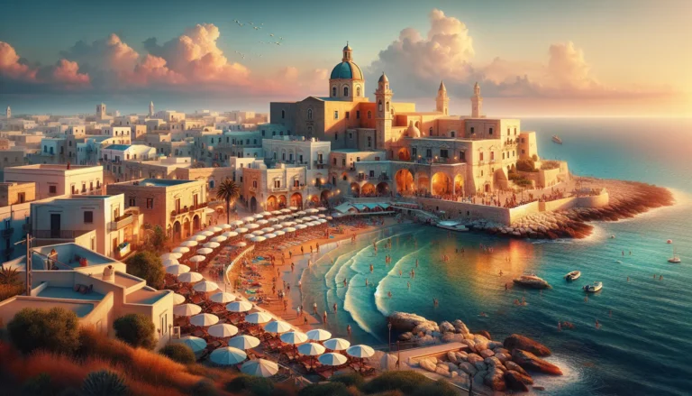 Vista panoramica di Gallipoli, con il mare cristallino e il centro storico sullo sfondo