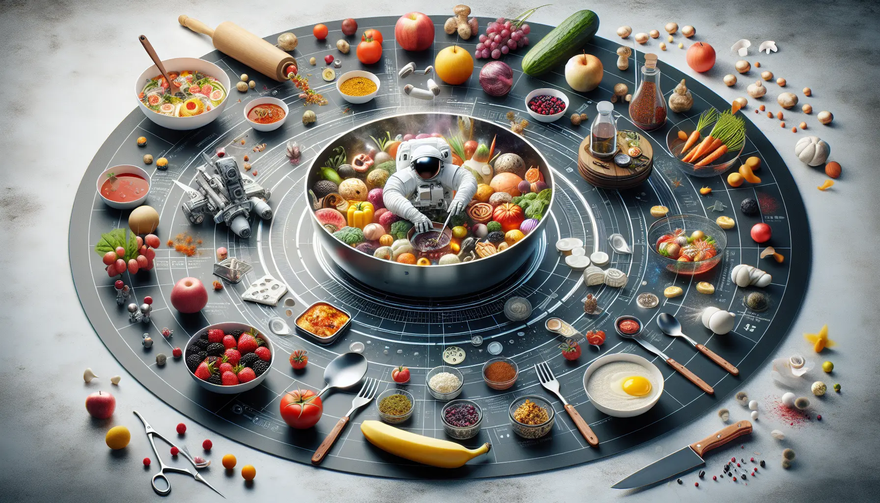 Astronauta che prepara un pasto nello spazio con ingredienti liofilizzati e attrezzature speciali.