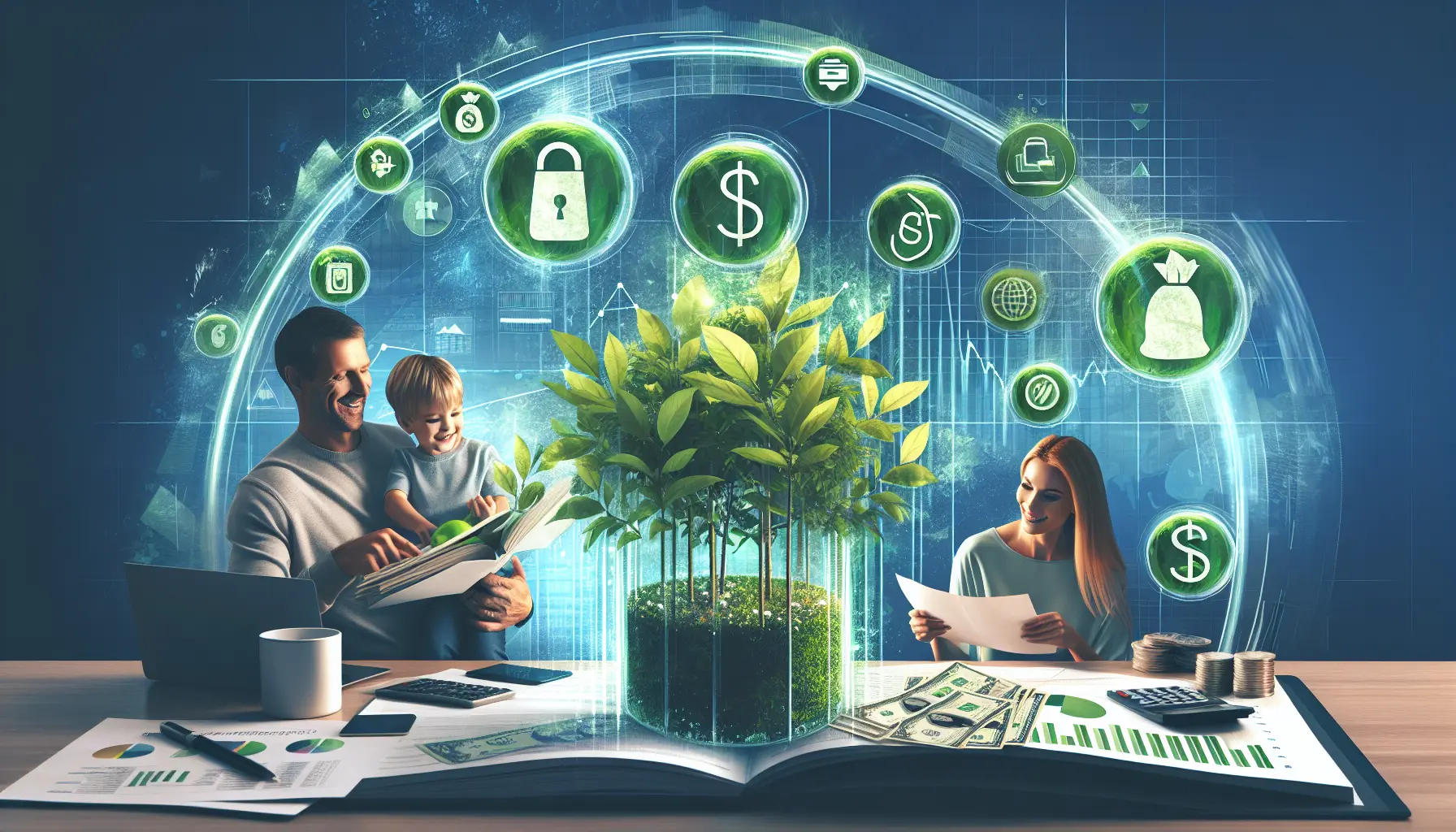 Un'immagine che rappresenta investimenti sostenibili e finanza verde, con elementi naturali e finanziari.