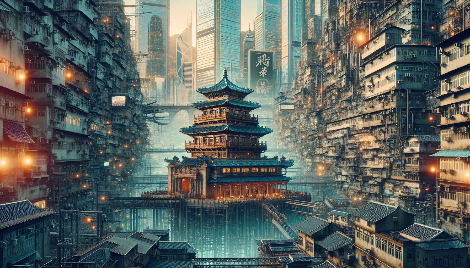 Vista panoramica dello skyline di Hong Kong con grattacieli e porto naturale