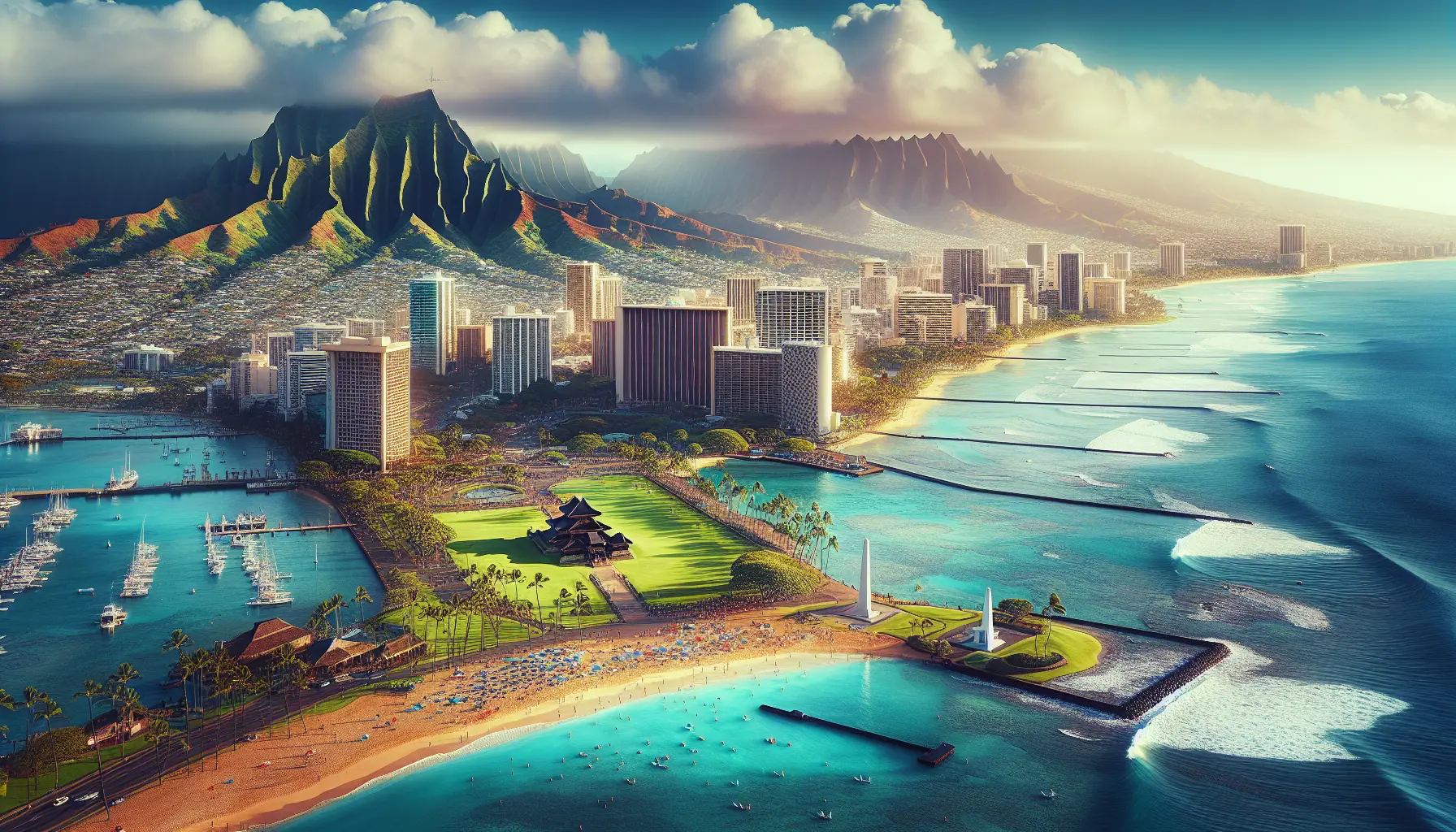 Vista panoramica di Honolulu con le sue spiagge e montagne sullo sfondo
