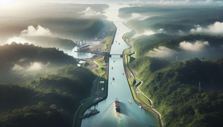 Vista panoramica del Canale di Panama con navi in transito e chiuse in funzione.