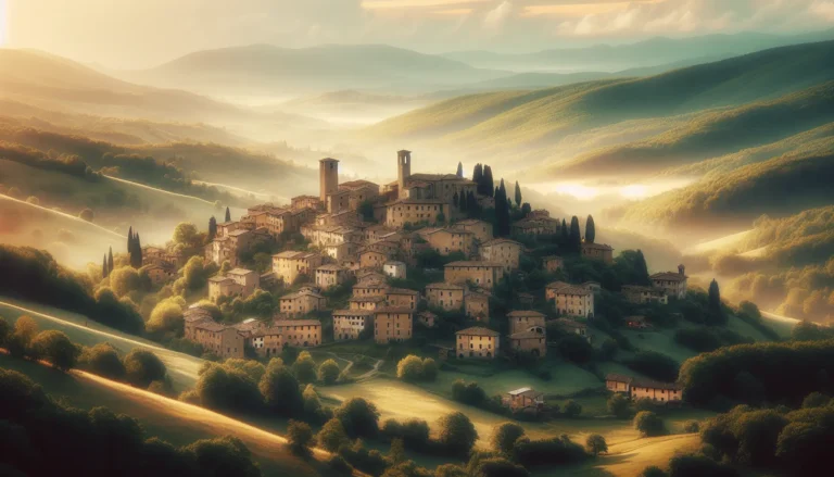 Panorama del Casentino con colline verdi e borghi medievali