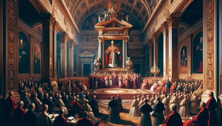 Un gruppo di cardinali durante il conclave, in un'atmosfera di tensione e attesa, riflettendo sull'elezione del nuovo papa.