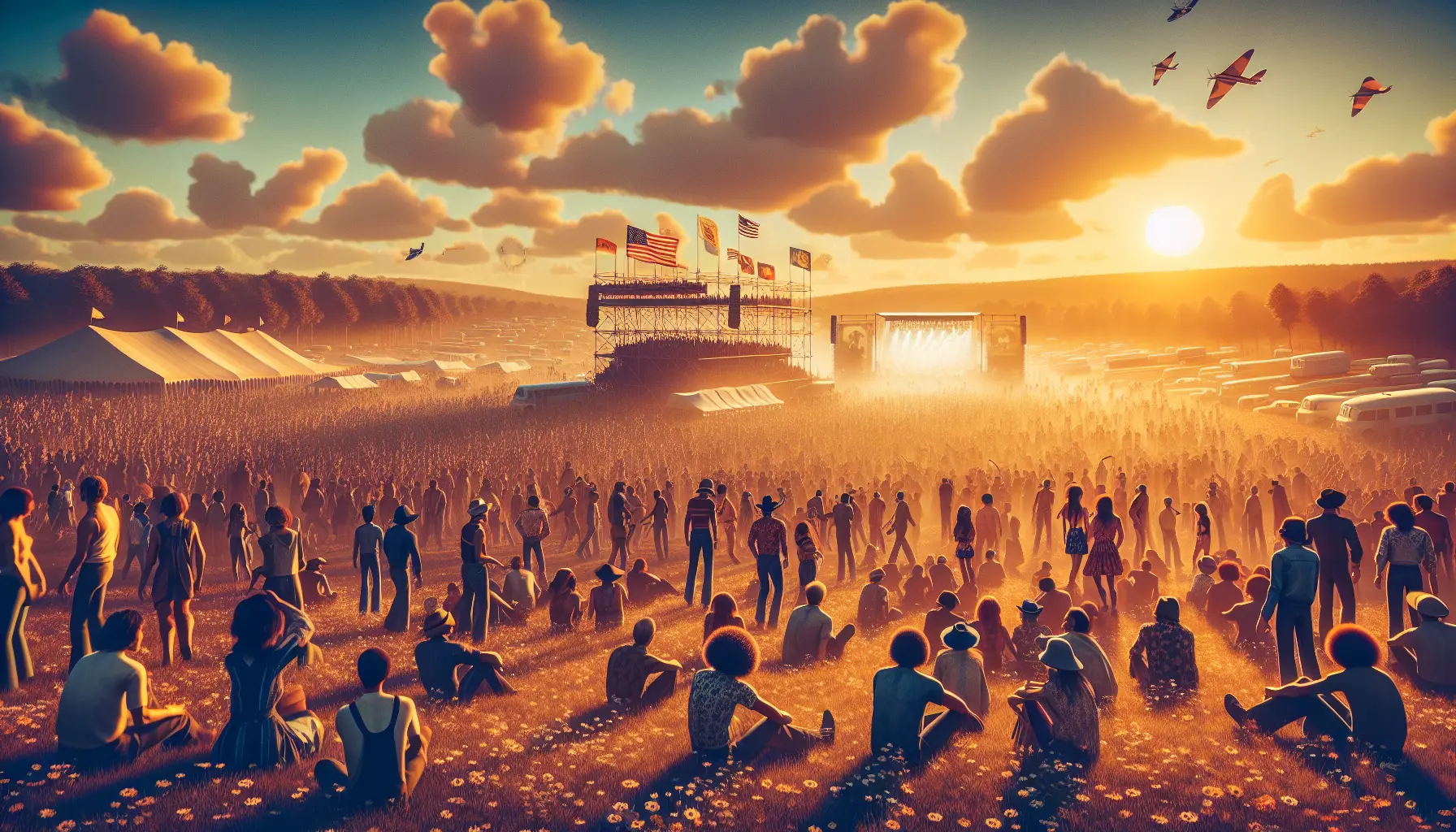 Un gruppo di giovani al Festival di Woodstock, immersi nella musica e nell'atmosfera di libertà e unità.