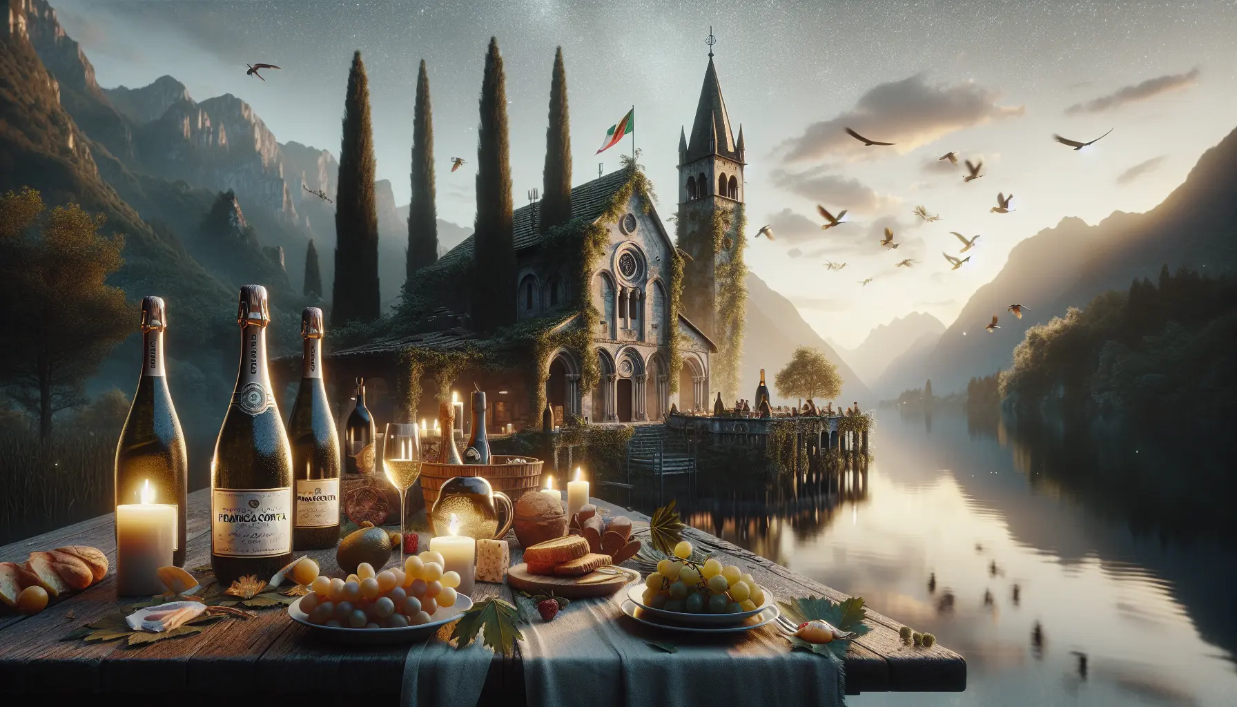 Vigneti della Franciacorta con colline verdi e bottiglie di vino spumante