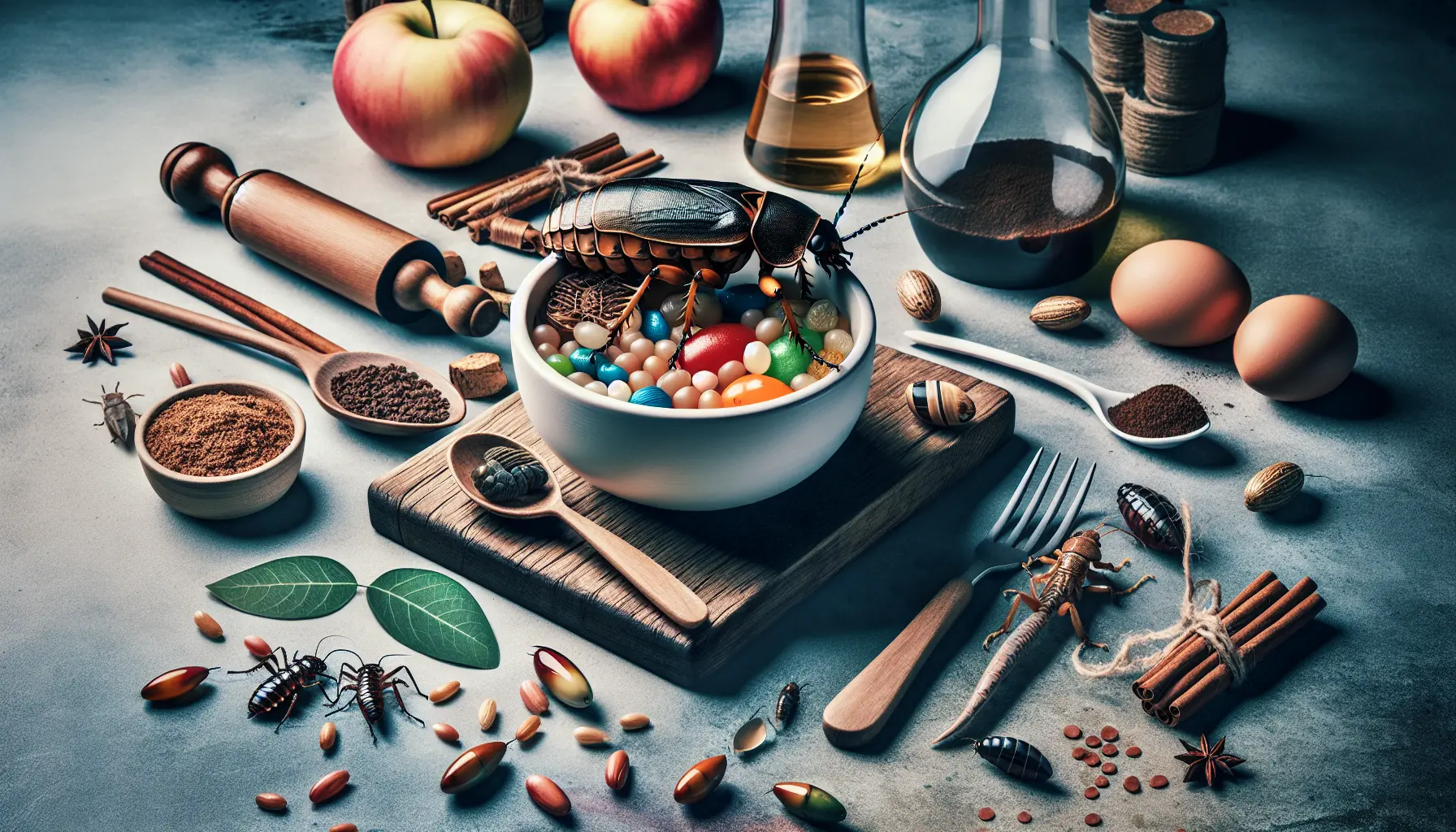 Un piatto gourmet che presenta insetti commestibili come ingrediente principale, circondato da verdure fresche e spezie.