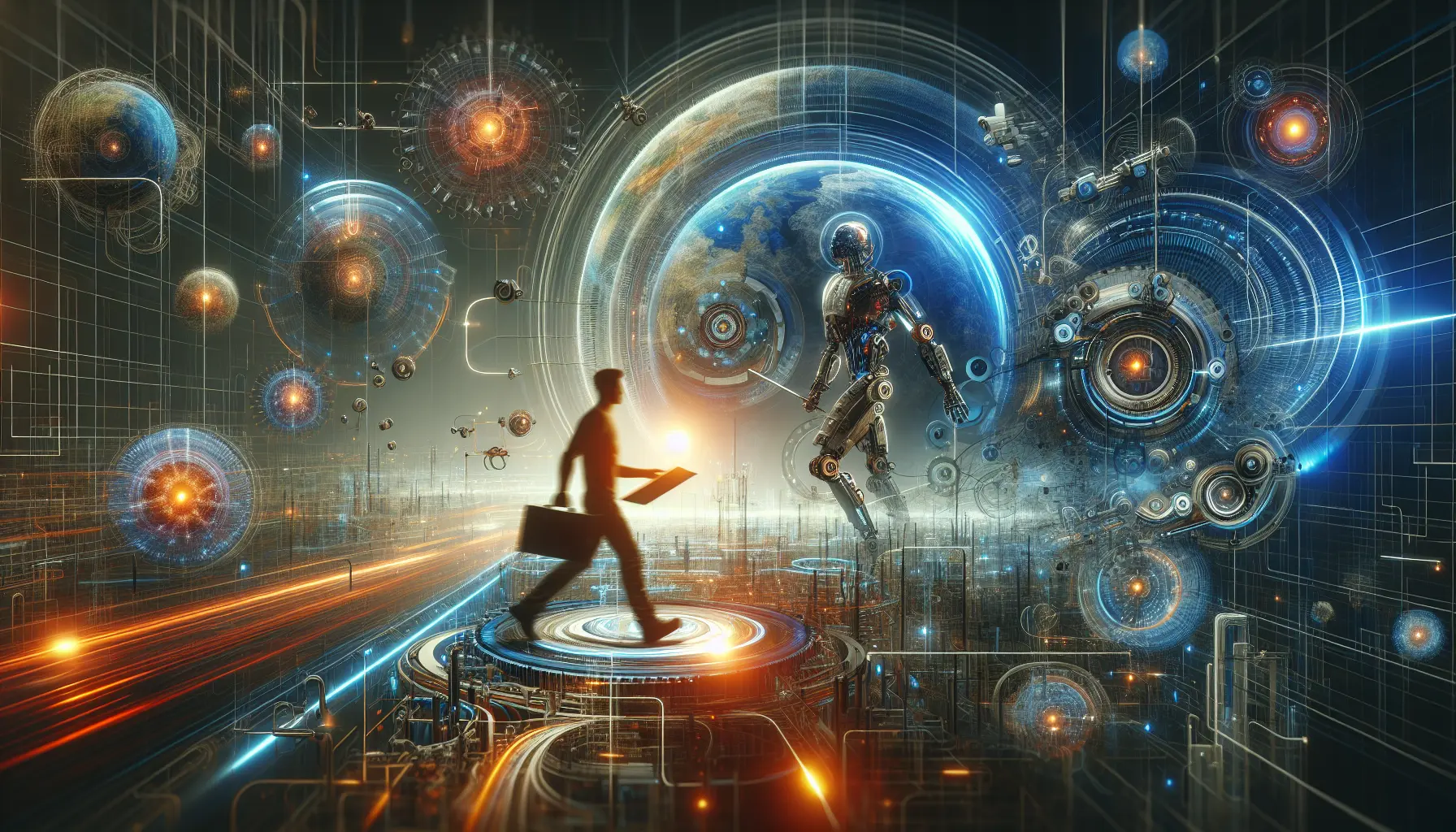 Rappresentazione visiva dell'automazione nel lavoro moderno, mostrando professionisti al lavoro con tecnologia avanzata.