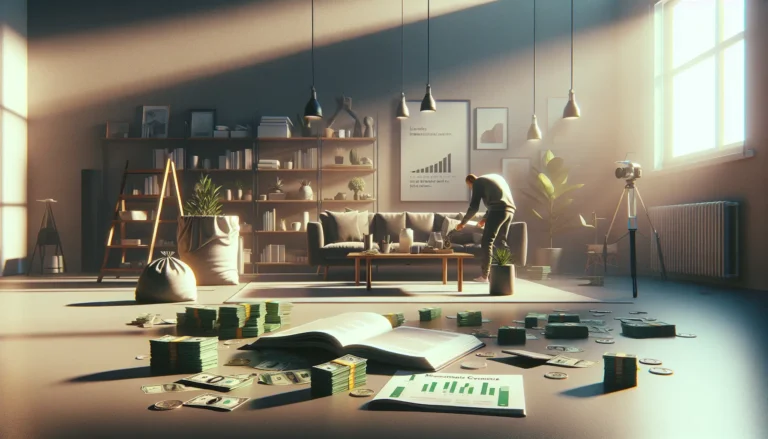 Un'immagine che rappresenta la serenità del minimalismo finanziario, con una persona che sorride mentre guarda un panorama naturale, simboleggiando la libertà e la semplicità.