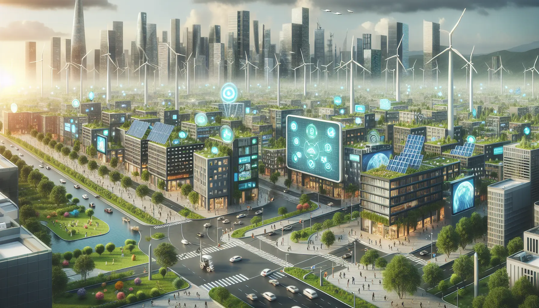 Vista panoramica di una città intelligente con edifici moderni, spazi verdi e infrastrutture sostenibili.