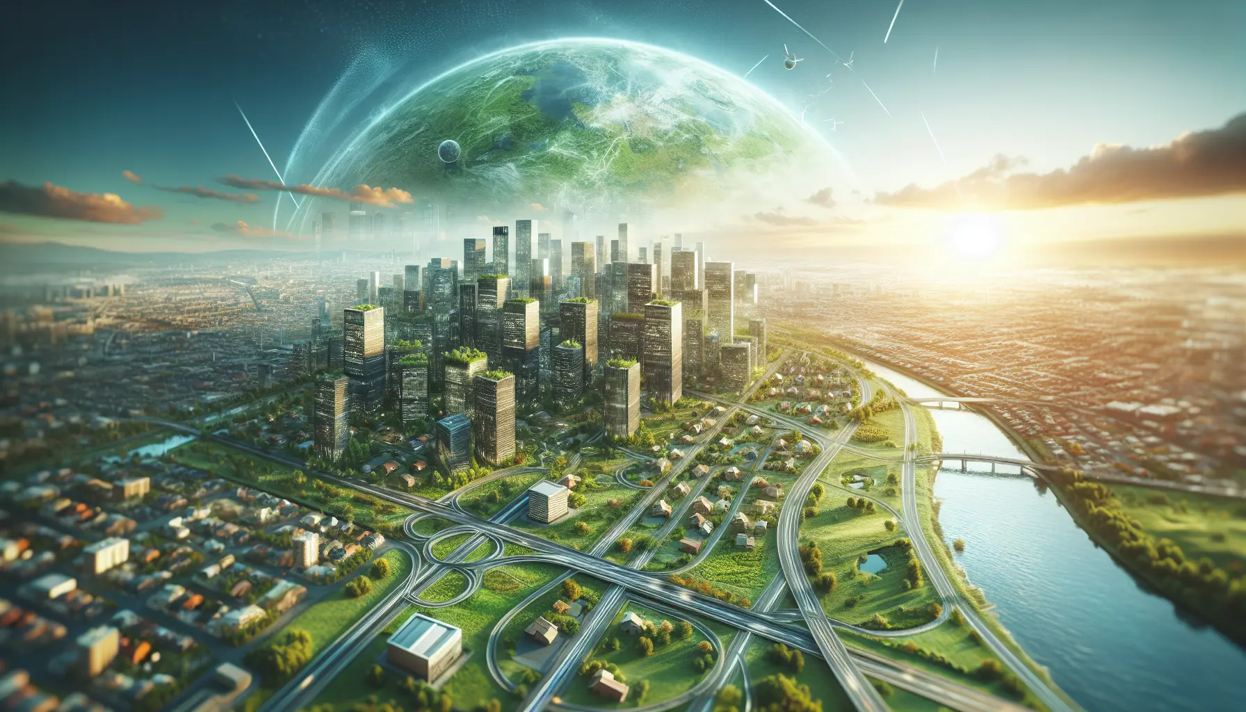 Immagine di una città intelligente con edifici moderni e spazi verdi, simbolo di sostenibilità ambientale.