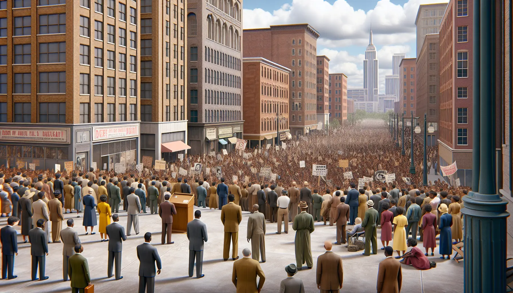 Martin Luther King Jr. in piedi su un podio durante un discorso, circondato da una folla di sostenitori.