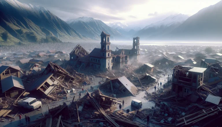 Vista panoramica della città di Ambato, Ecuador, con montagne sullo sfondo e segni di ricostruzione dopo un terremoto.