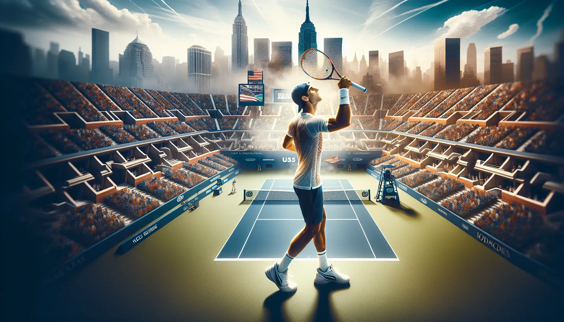 Novak Djokovic in azione durante una partita di tennis agli US Open, esprimendo determinazione e concentrazione.