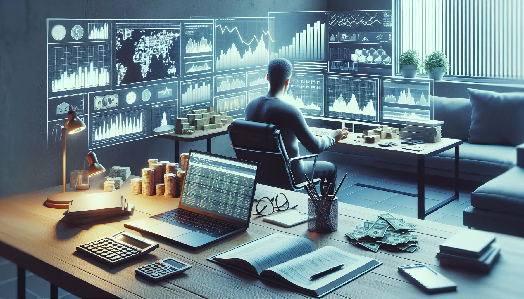 Un professionista freelance al lavoro con un laptop e documenti finanziari, rappresentando la gestione delle finanze personali.