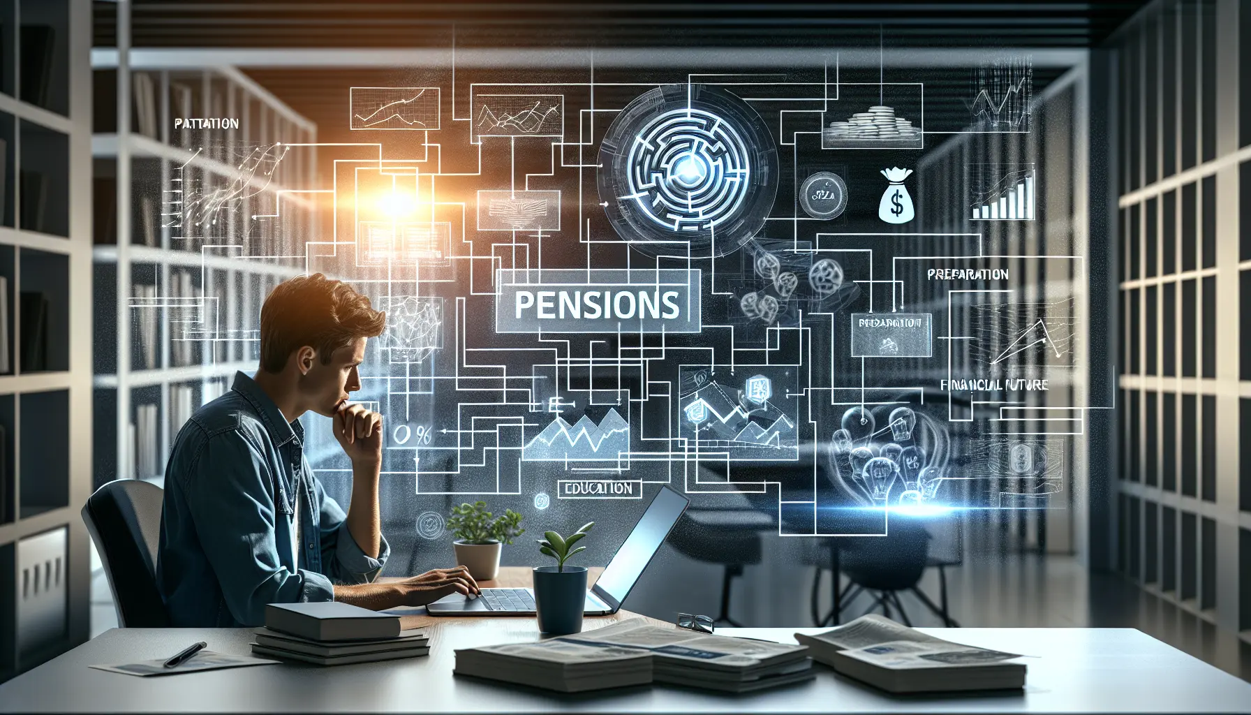 Giovane professionista che pianifica il futuro finanziario con un laptop e documenti