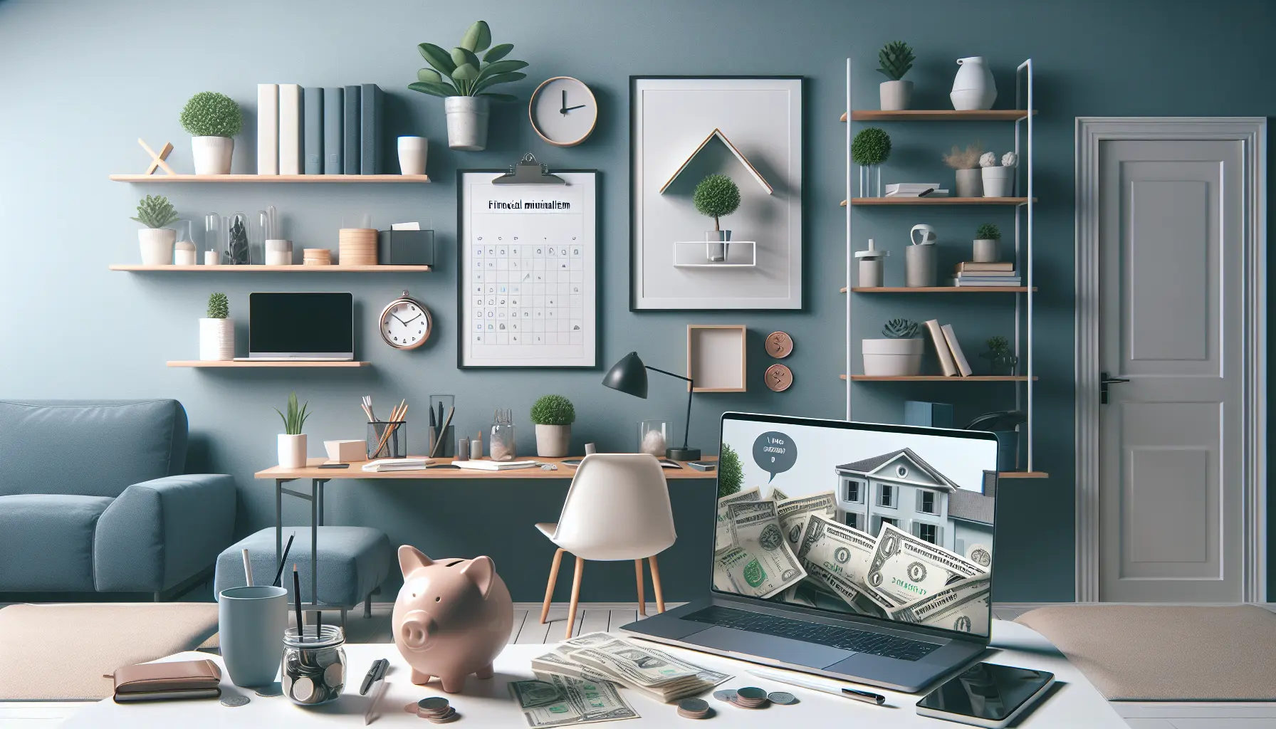 Un'immagine che rappresenta il minimalismo finanziario, con elementi che simboleggiano risparmio e semplicità nella vita quotidiana.