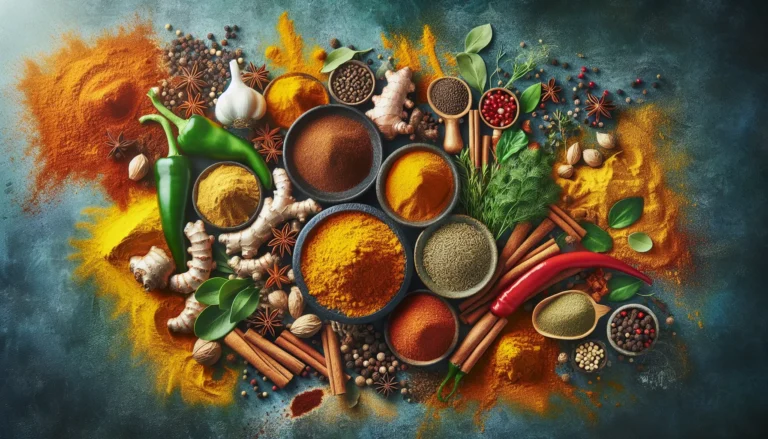 Un assortimento di spezie colorate disposte su un tavolo di legno, rappresentando la varietà e i benefici delle spezie nella cucina.