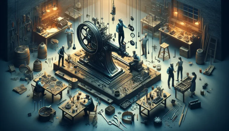 Una persona intenta a creare un oggetto artigianale con materiali naturali, circondata da attrezzi e materiali vari.