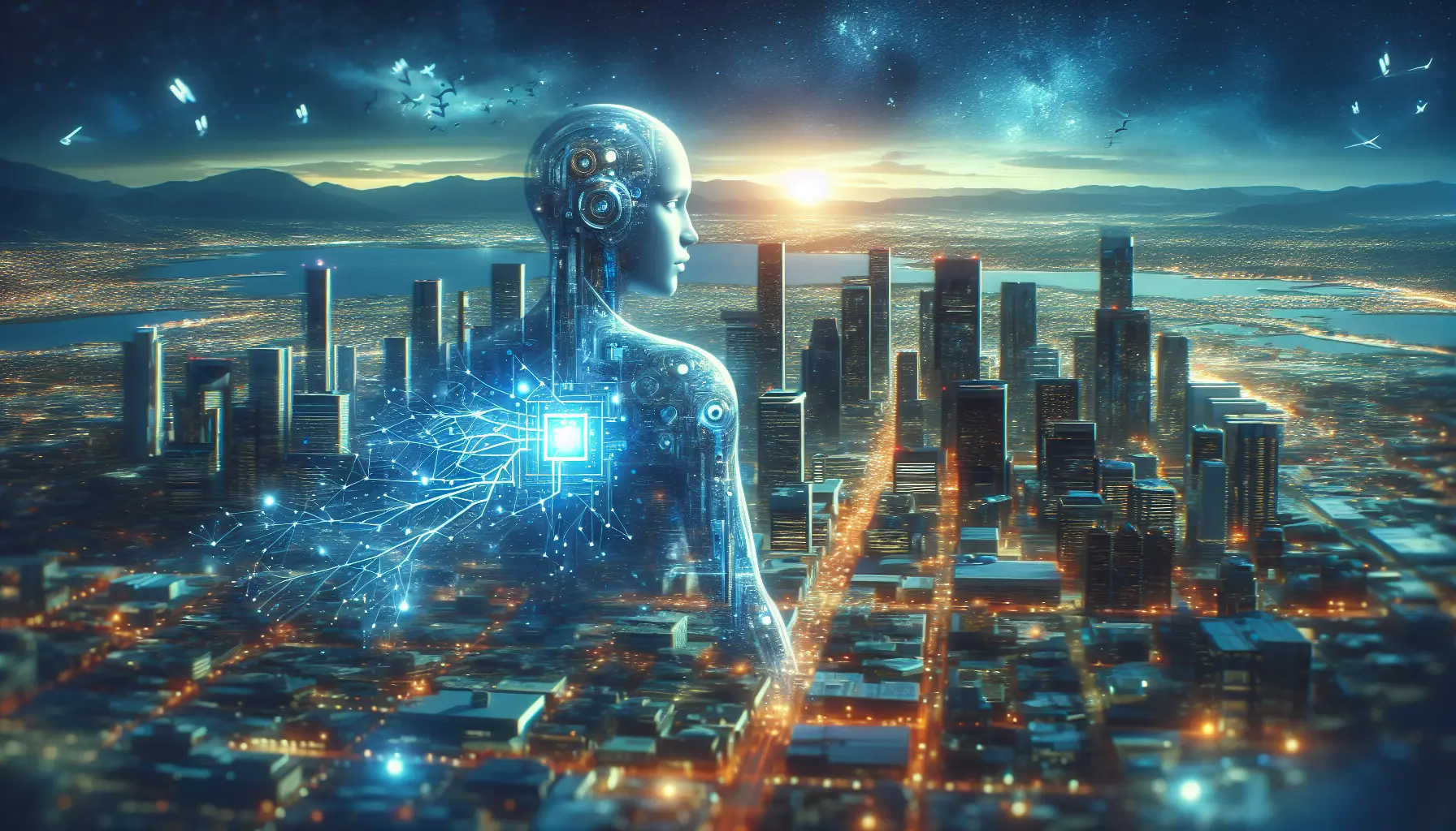 Rappresentazione visiva dell'intelligenza artificiale etica, con simboli di tecnologia e valori umani che si intrecciano.