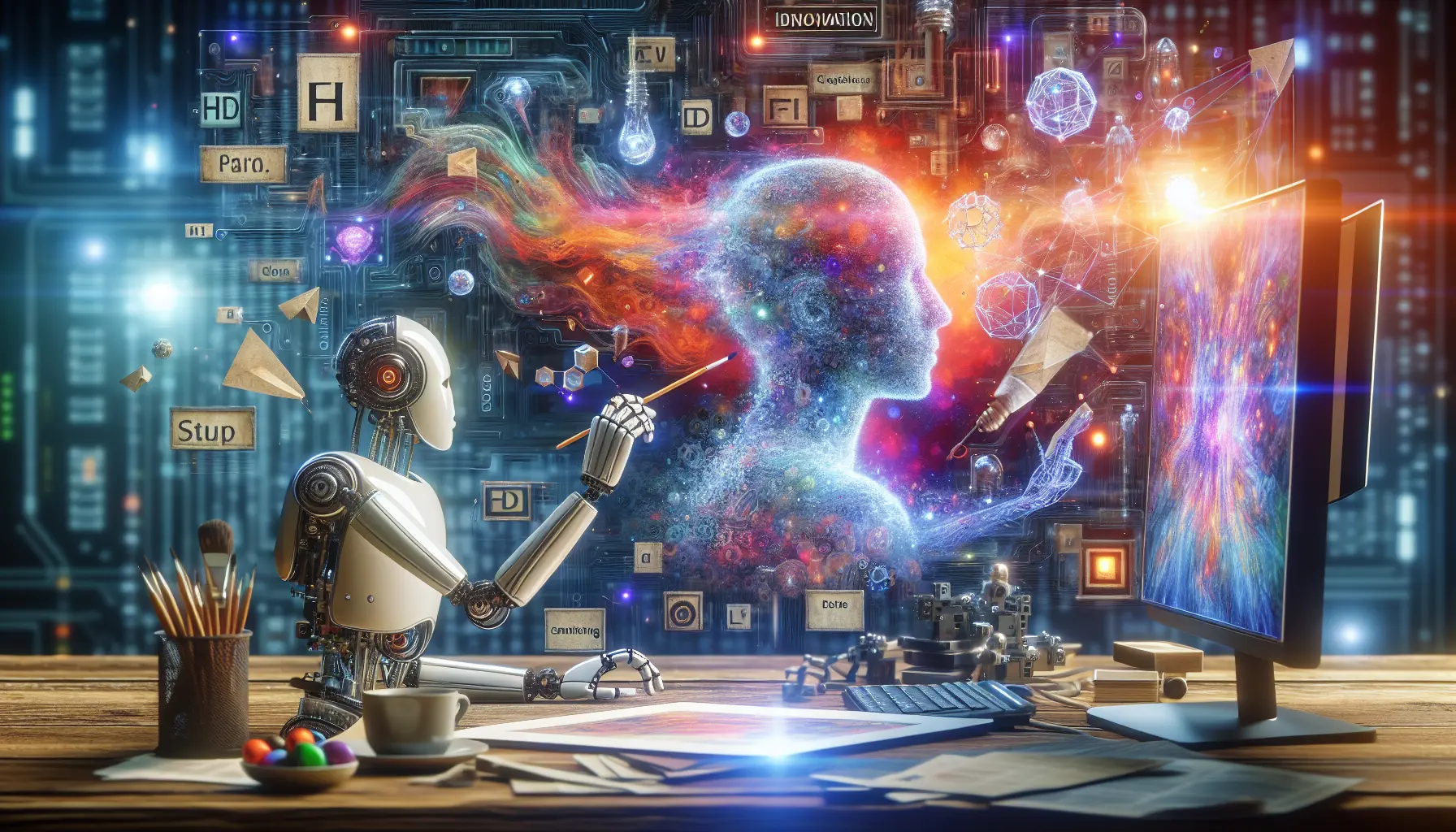 Opera d'arte generata da intelligenza artificiale, con colori vivaci e forme astratte che esprimono creatività e innovazione.