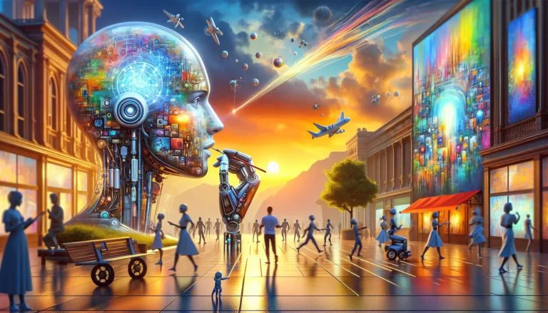 Un'opera d'arte generata da intelligenza artificiale, che combina colori vivaci e forme astratte per rappresentare la fusione tra tecnologia e creatività.