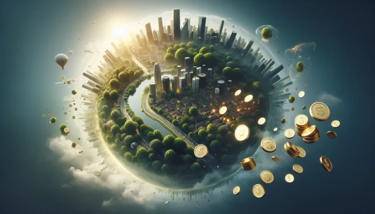 Grafico che mostra l'andamento degli investimenti sostenibili nel tempo, con simboli ecologici e finanziari.