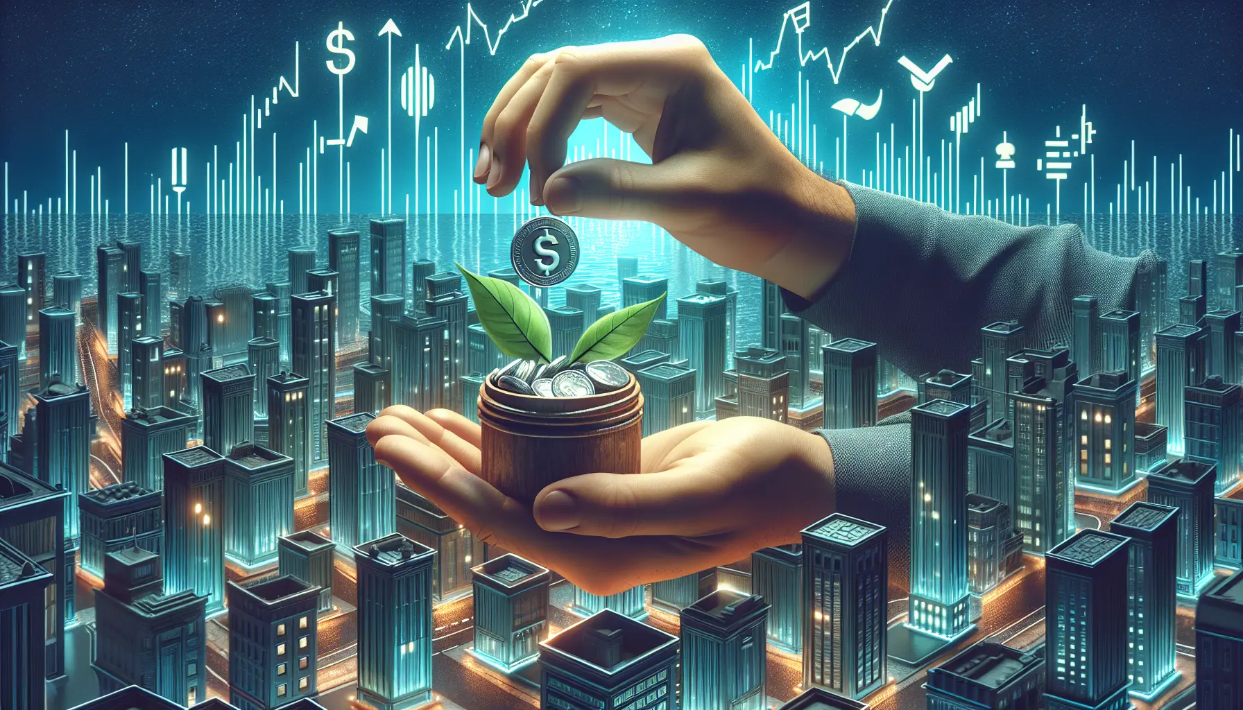 Rappresentazione visiva di investimenti etici e sostenibili con grafici e simboli ecologici.