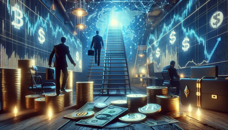 Un giovane che esplora il mondo delle criptovalute, circondato da grafici e simboli digitali, riflettendo sulle opportunità di investimento.