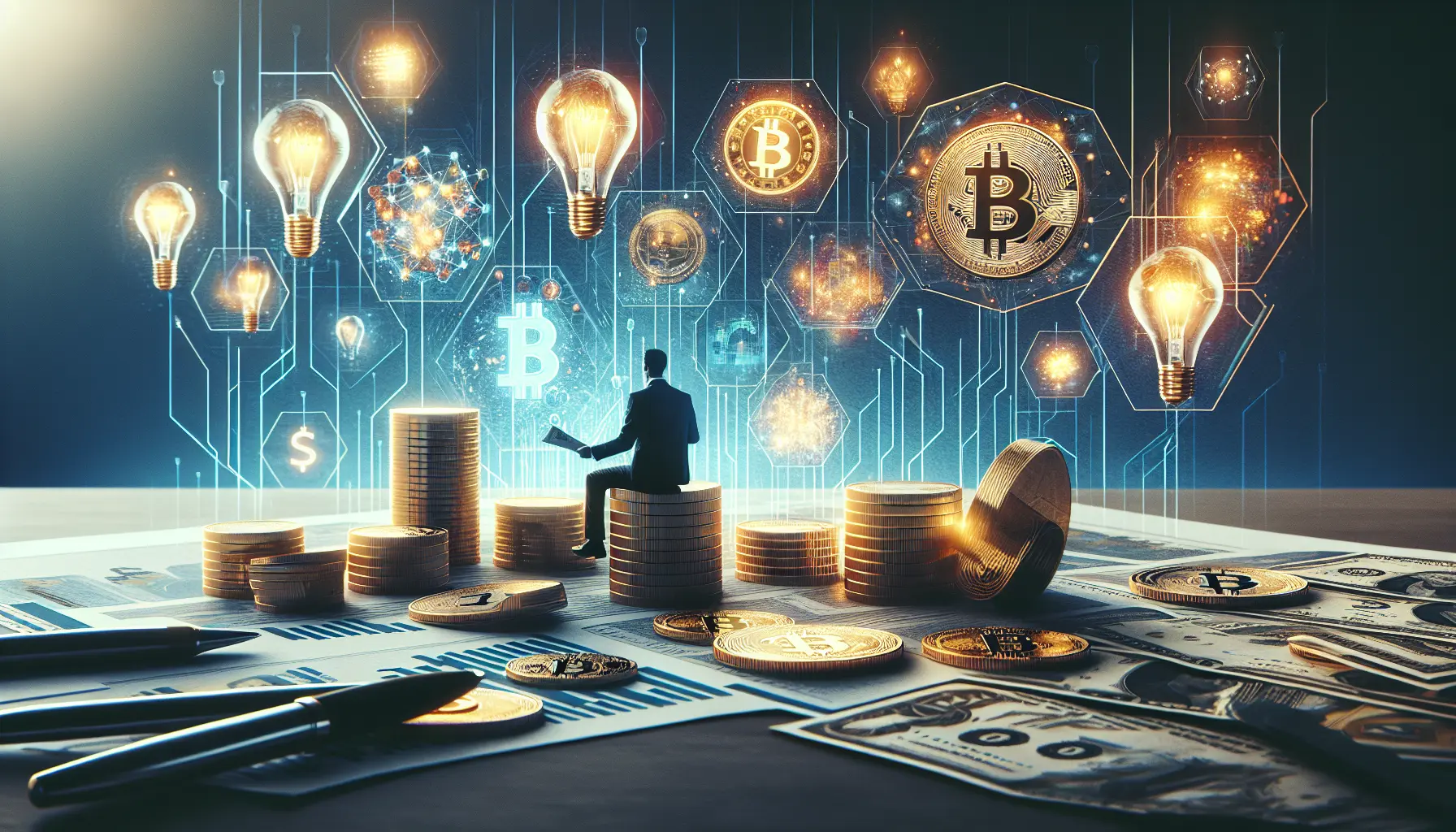 Un giovane che esplora il mercato delle criptovalute con un computer portatile, circondato da grafici e dati finanziari.