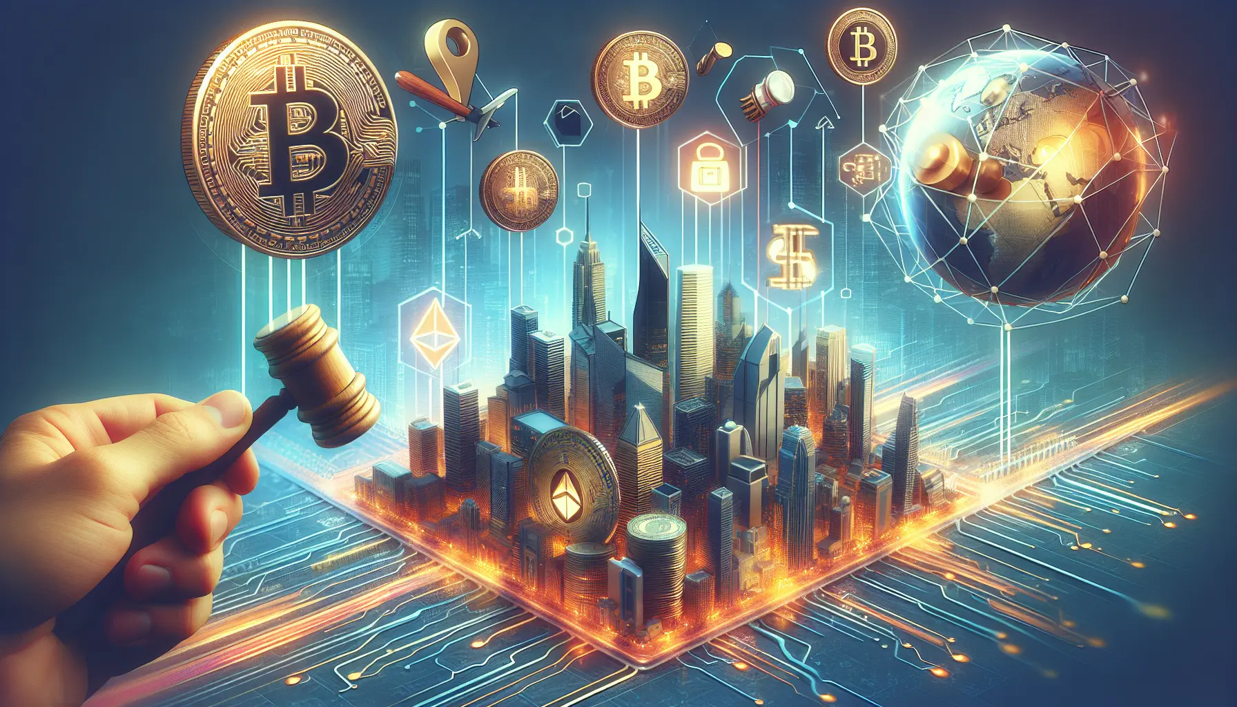 Un grafico che mostra l'andamento delle criptovalute con simboli di Bitcoin ed Ethereum sullo sfondo.