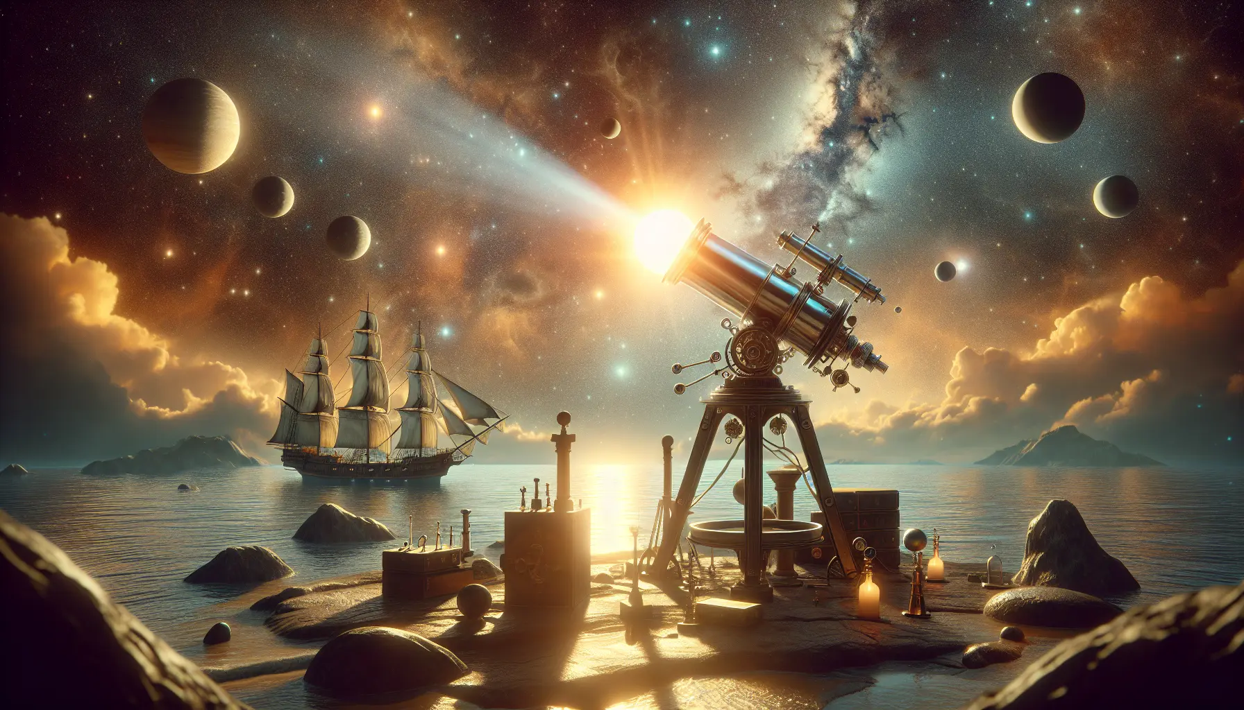 Jules Janssen mentre osserva il Sole attraverso il suo spettroscopio, circondato da strumenti astronomici.