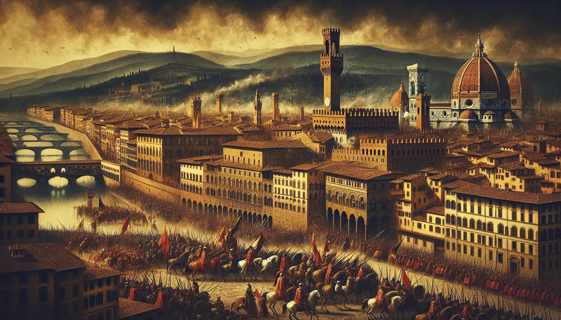 Rappresentazione storica dell'assedio di Firenze, con soldati imperiali e cittadini fiorentini in lotta.