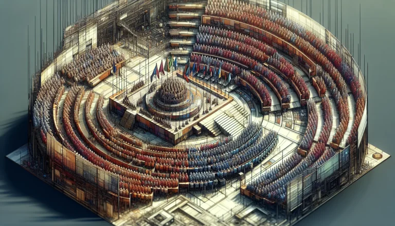 Rappresentazione di un'assemblea costituente con cittadini che discutono e partecipano attivamente.