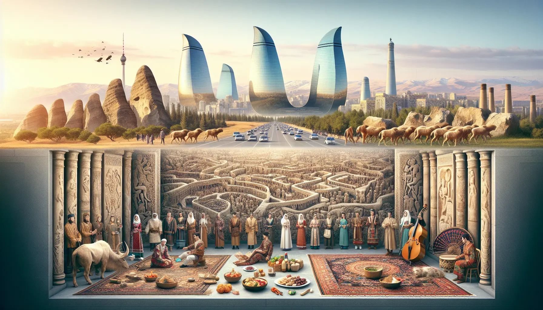 Panorama della capitale Baku, con grattacieli moderni e il Mar Caspio sullo sfondo